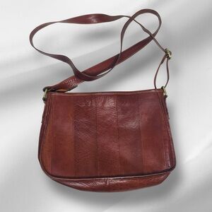 Tinnakeenly Leathers, an Irish brand reddish brown leather Stripy crossbody bag